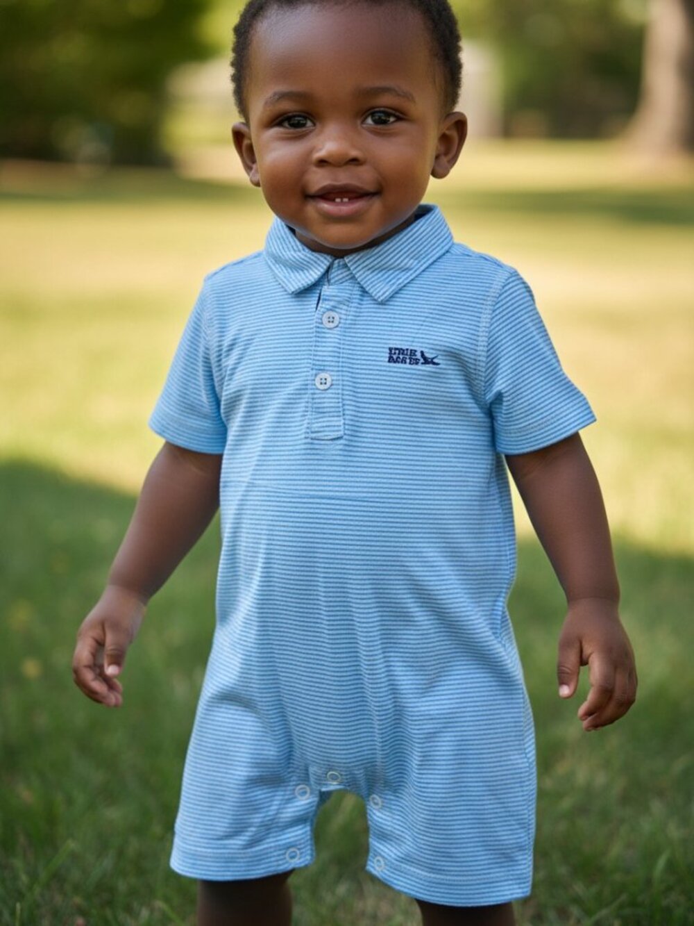 Eddie Bauer Baby Boys Blue Striped Polo Romper Size 0-3-M